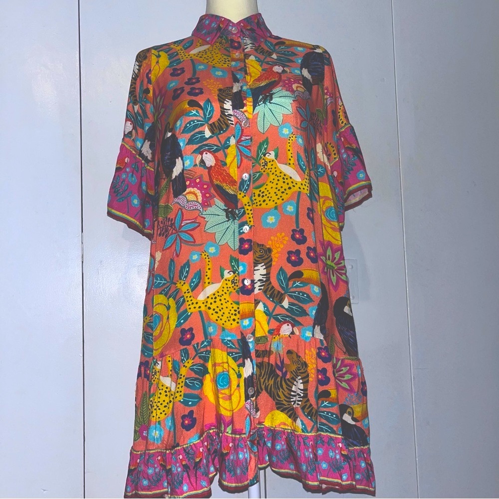 Sohana Button Front Short Sleeve Dress Tropical Print
